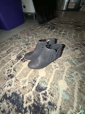 Soda Chance Women's Perforated Cut Out Stacked Block Heel Ankle Booties in Grey